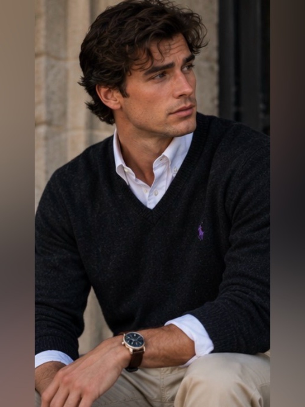 Polo by Ralph Lauren Black 100% Lambswool V-Neck Sweater Purple Pony Size L